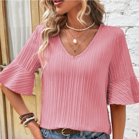 Textured Frayed Trim Half Button Short Sleeve Top